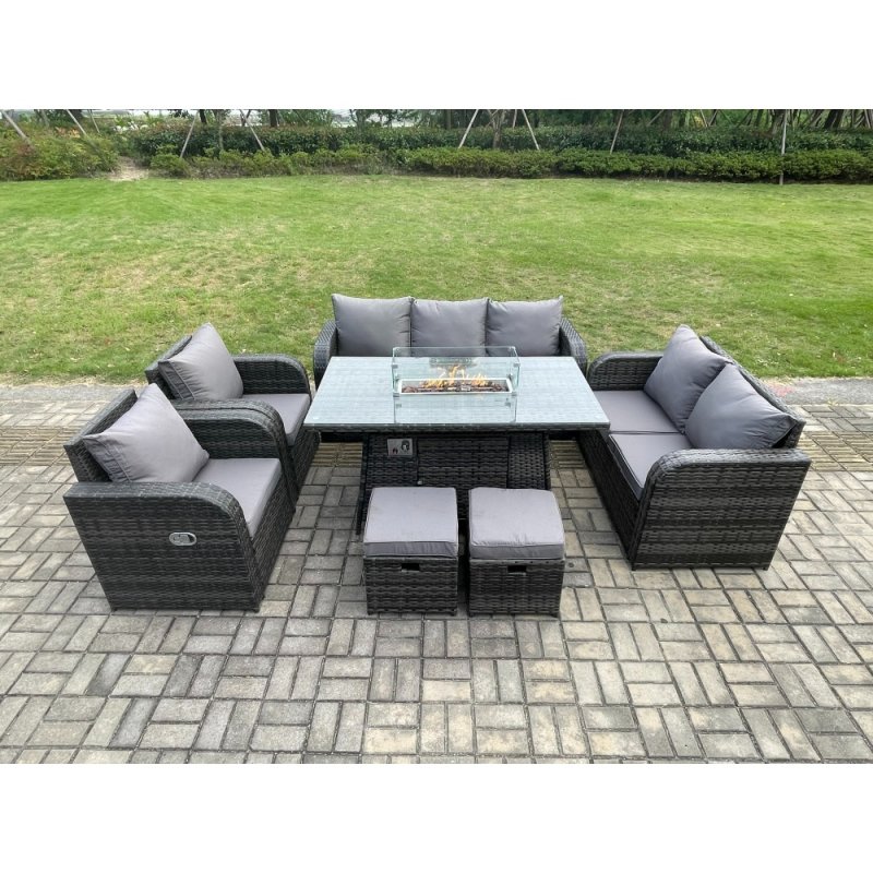 Fimous Garden Patio Furniture Wicker Rattan Gas Fire Pit Table and Sofa Chair set with 2 Small Footstools Dark Grey Mixed