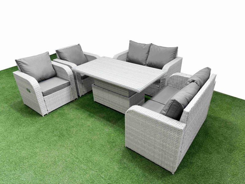 Fimous 6 Seater Outdoor Reclining Chair Love Sofa Set Rattan Garden Furniture Set with Adjustable Lifting Dining or Coffee Table Light Grey