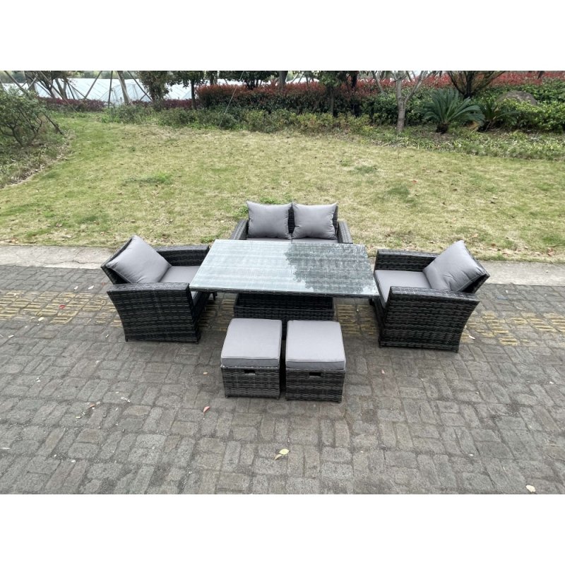 Fimous Rattan Outdoor Furniture Adjustable Rising Lifting Rectangle Dining Table Chairs Two Seater Love Sofa Sets Footstools 6 Seater