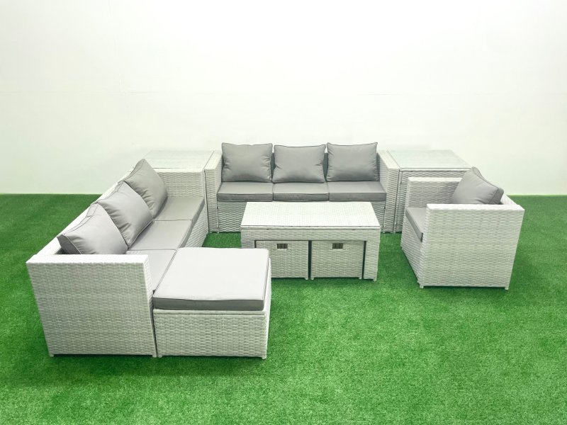 Fimous Wicker PE Rattan Sofa Garden Furniture Set with Oblong Coffee Table Armchair 3 Footstools 2 Side Tables Light Grey Mixed