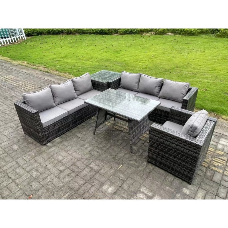 Fimous 7 Seater Wicker PE Rattan Garden Dining Set Outdoor Furniture Sofa with Patio Dining Table Side Table Armchair Dark Grey Mixed