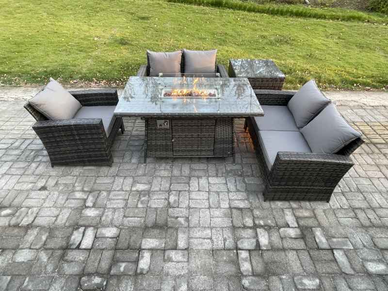 Fimous Rattan Outdoor Garden Furniture Gas Fire Pit Table Sets Gas Heater with Love Sofa Armchair Side Table 5 Seater Dark Mixed Grey