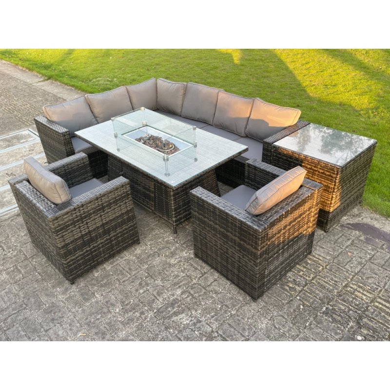 Fimous Outdoor Rattan Garden Corner Furniture Gas Fire Pit Dining Table Gas Heater Sets Lounge Chairs Side Coffee Table Dark Grey 8 Seater