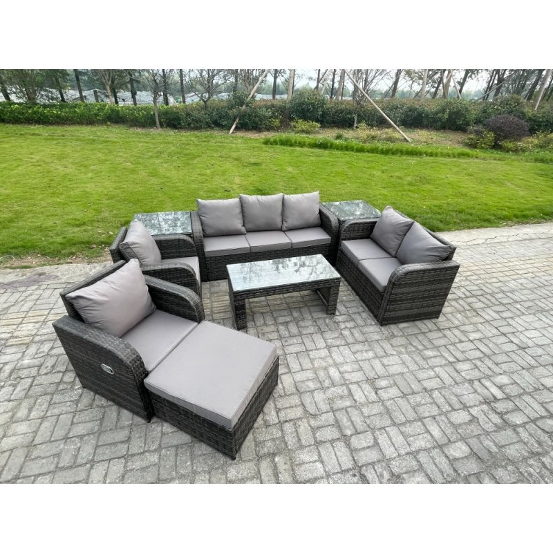 Fimous Outdoor Rattan Garden Furniture Set Rattan Lounge Sofa Set with Rectangular Coffee Table 2 Side Tables Big Footstool Dark Grey Mixed