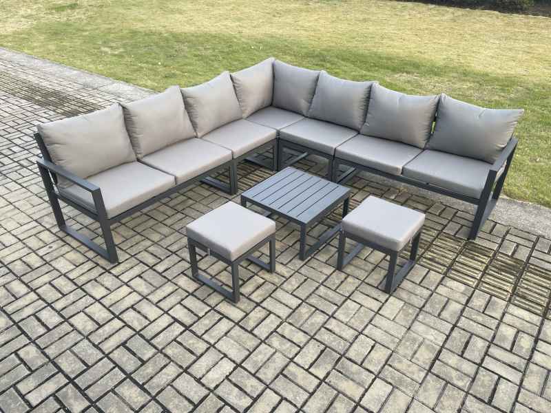 Fimous Outdoor Garden Furniture Patio Lounge Corner Sofa Aluminium Set with Square Coffee Table 2 Small Footstools Dark Grey