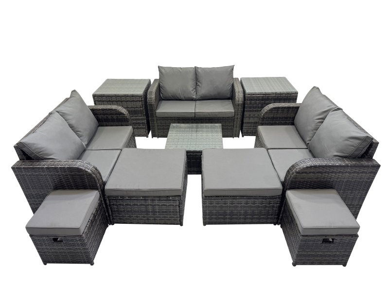 Fimous Rattan Garden Outdoor Furniture Set Love Sofa Square Coffee Table Set with 4 Stools 2 Side Tables Dark Grey Mixed