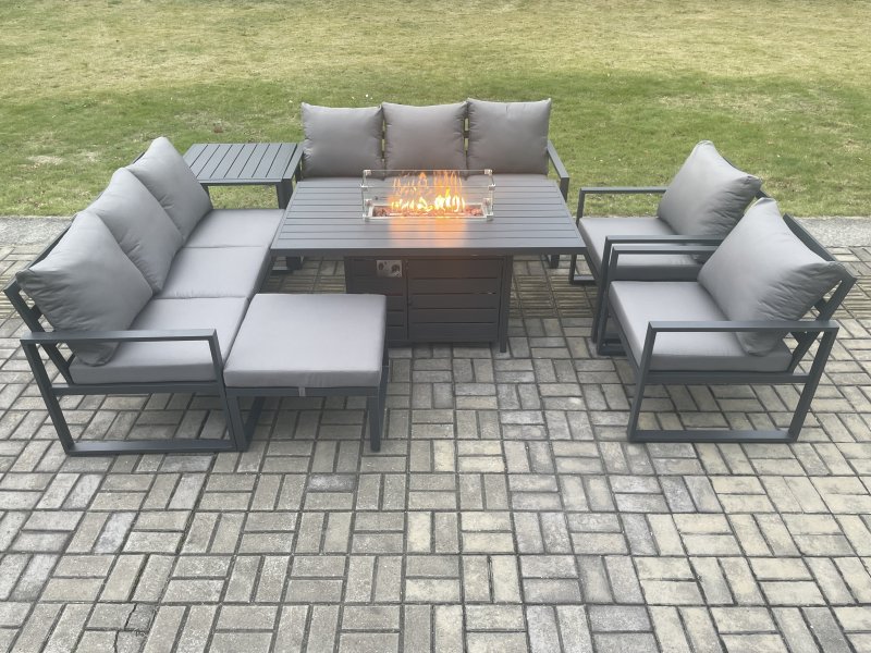 Fimous Aluminium Outdoor Garden Furniture Set Patio Lounge Sofa Gas Fire Pit Dining Table Set with Big Footstool Side Table Dark Grey