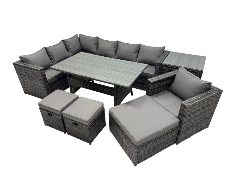 Fimous Outdoor PE Rattan Sofa Set with Dining Table Patio Garden Furniture Sets with Chair 3 Stool Side Table Dark Grey Mixed