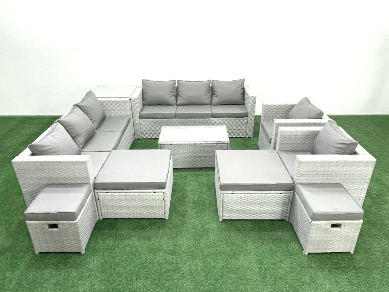 Fimous 10 Pieces Rattan Garden Furniture Set Outdoor Garden Sofa Chair Coffee Table Set with 4 Footstools Side Table Light Grey Mixed