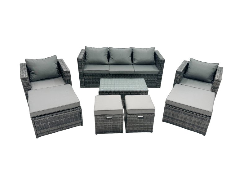 Fimous Outdoor Coffee Table Sofa Armchair Set with 2 Big Stools 2 Small Footstools Garden Furniture Set Dark Grey Mixed