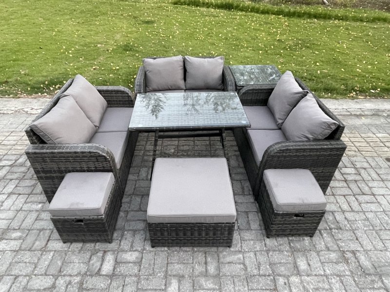 Fimous Outdoor Rattan Garden Furniture Set 9 Seater Patio Love Sofa Set with Rectangular Dining Table 3 Footstools Side Table Dark Grey Mixed