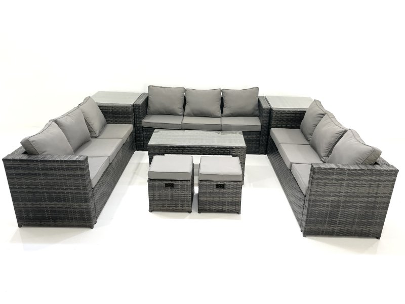 Fimous Outdoor Garden Furniture Set 11 Seater Rattan Sofa Set with Coffee Table 2 Small Footstools 2 Side Tables Dark Grey Mixed
