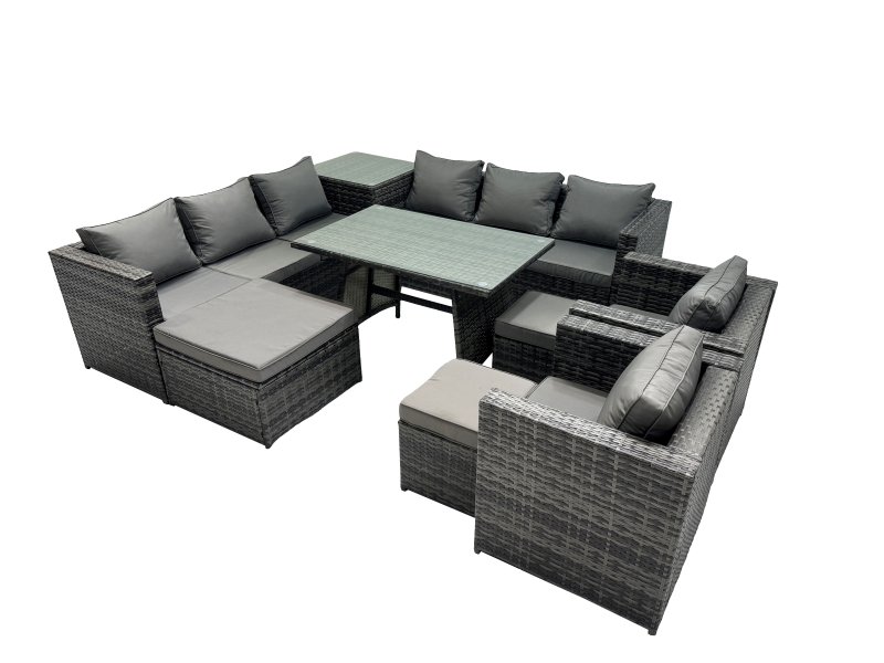 Fimous Outdoor Corner Sofa Chair Dining Table Set Garden Rattan Furniture Set 11 Seater with 3 Stool Side Table Dark Grey