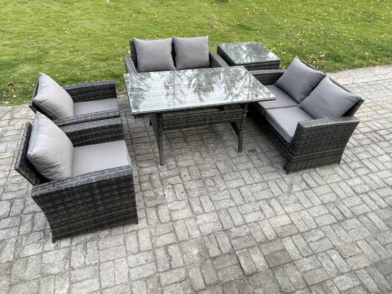Fimous Rattan Garden Furniture Set 6 Seater Patio Outdoor Lounge Sofa Set with Oblong Dining Table Double Seat Sofa Side Table Dark Grey Mixed