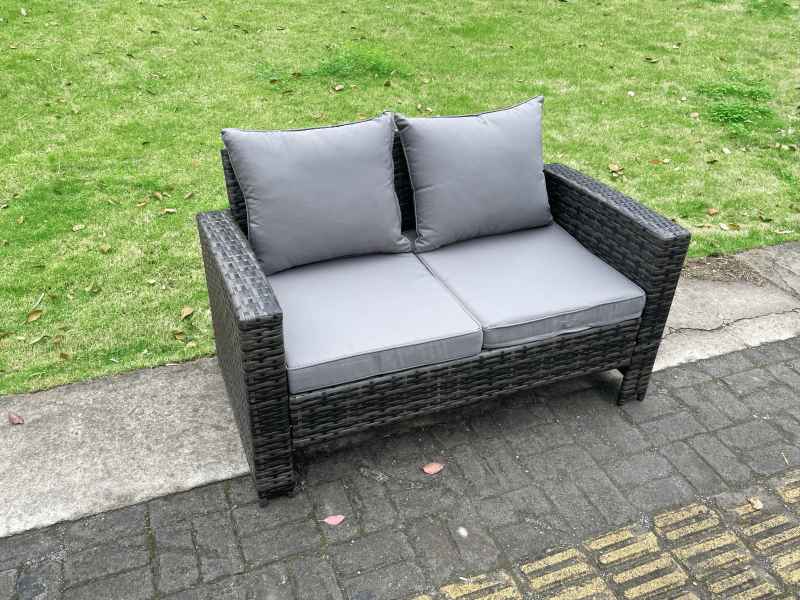Fimous 7 PCS Outdoor Lounge Sofa Set Wicker PE Rattan Garden Furniture Set with Rectangular Dining Table Love Seat Sofa 2 Side Tables Big Footstool Dark Grey Mixed