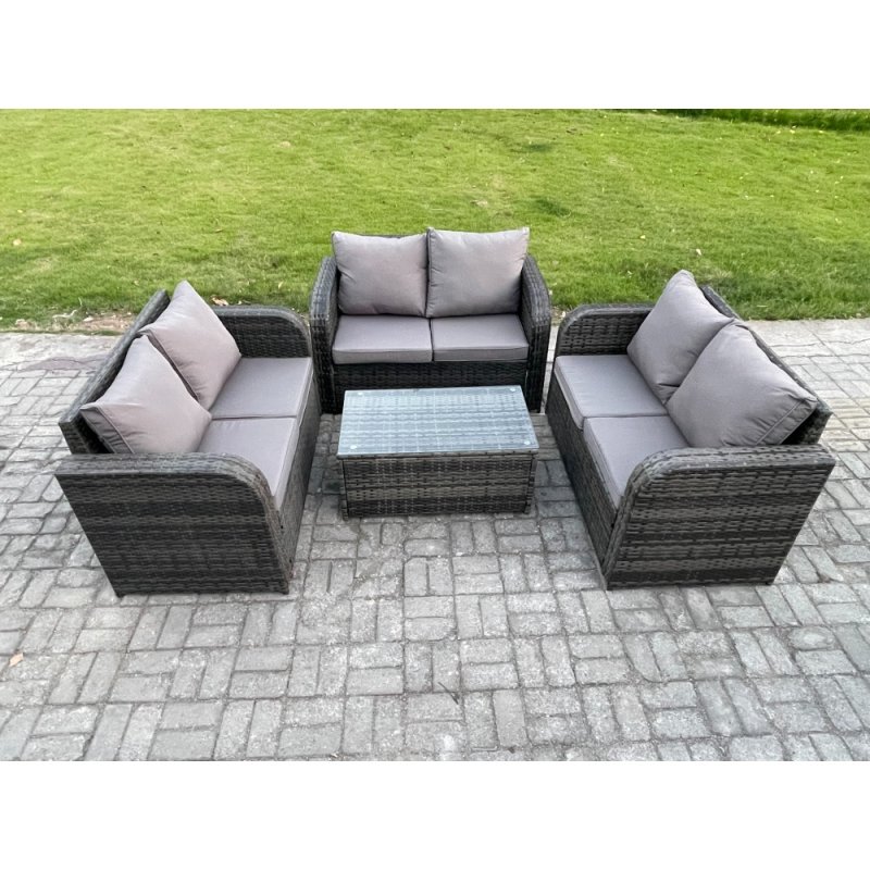 Fimous Outdoor Garden Furniture Sets 6 Seater Wicker Rattan Furniture Sofa Sets with Rectangular Coffee Table Love Sofa Dark Grey Mixed