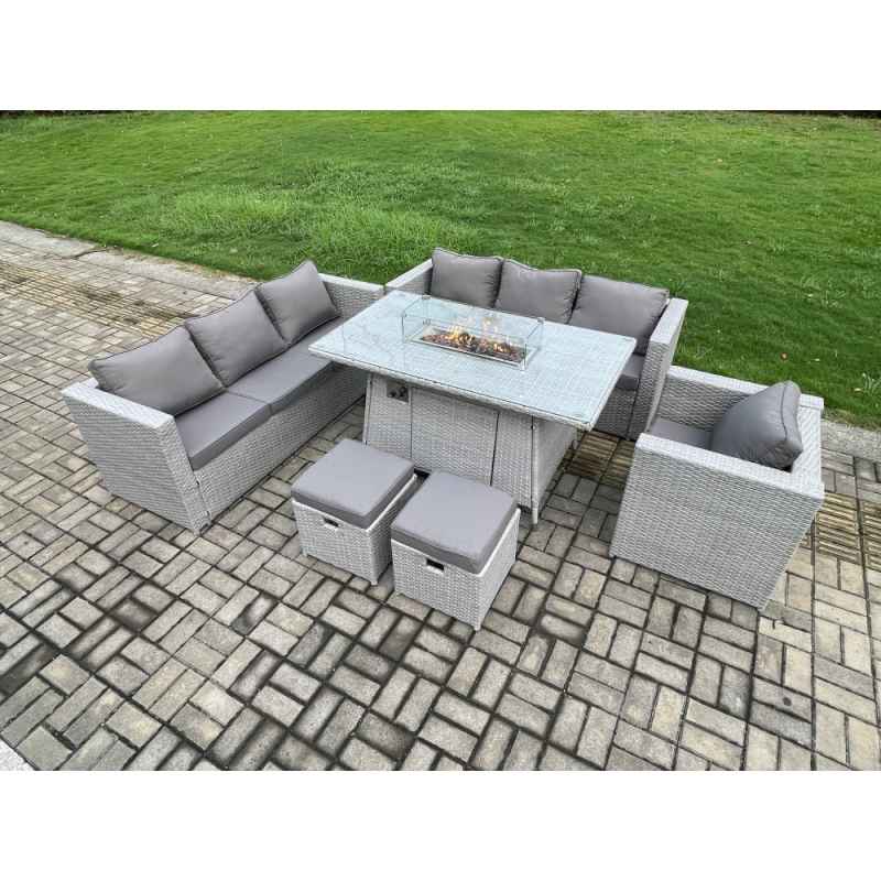 Fimous 9 Seater Outdoor Garden Dining Sets Rattan Furniture Gas Fire Pit Dining Table Gas Heater with Armchair 2 Small Footstools Light Grey