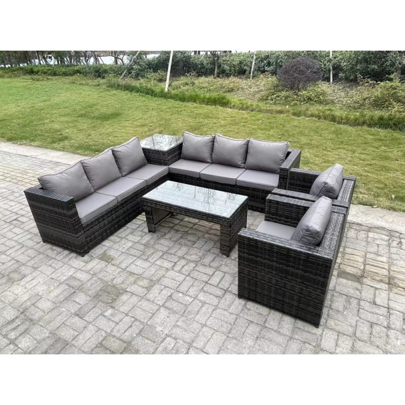 Fimous 8 Seater Rattan Corner Sofa Set With Square Side Table And Oblong Rectangular Coffee Tea Table 2 PC Arm Chair Dark Grey Mixed