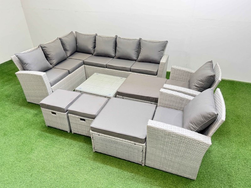 Fimous Outdoor Rattan Garden Furniture Set 12 Seater Corner Sofa Sets with Square Coffee Table Chair 4 Footstools Light Grey Mixed
