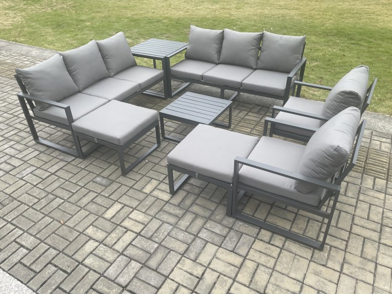 Fimous Aluminium Patio Outdoor Garden Furniture Lounge Sofa Set with Square Coffee Table 2 Chairs Side Table 2 Big Footstool Dark Grey