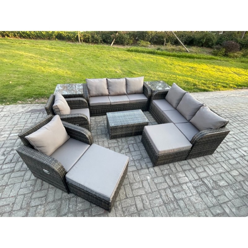Fimous 10 Seater Rattan Outdoor Garden Furniture Sofa Set Patio Table & Chairs Set with 3 Seater Sofa Reclining Chair 2 Big Footstool 3 Seater Sofa 2 Side Tables Dark Grey Mixed