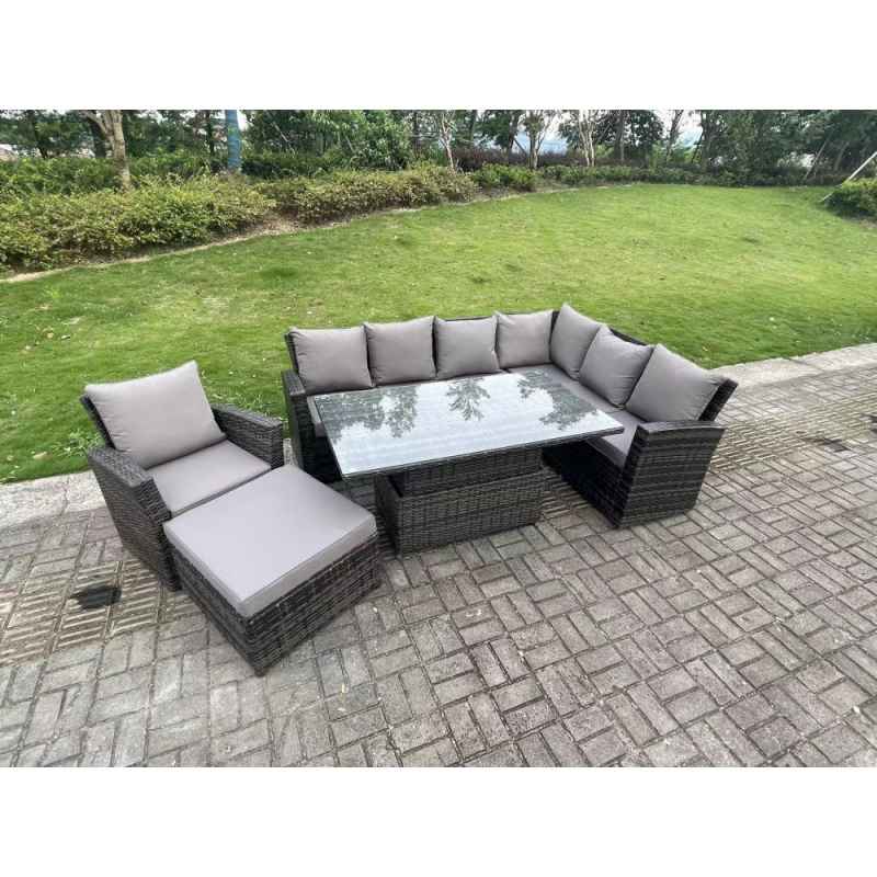 Fimous 8 Seater?Outdoor High Back Rattan Adjustable Rising Lifting Dining Table Corner Sofa Set Garden Furniture Set Dark Grey Mixed Right Hand