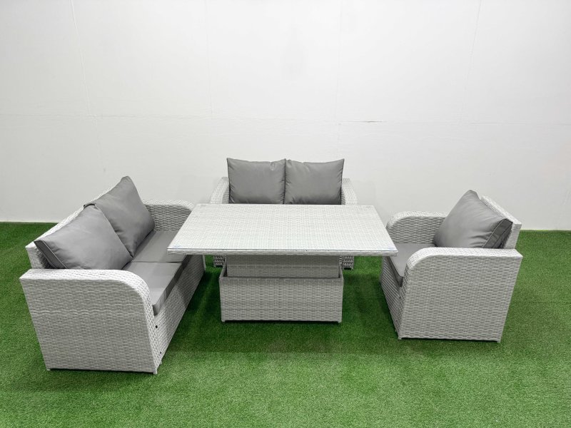 Fimous High Back Poly Rattan Garden Furniture Set with Reclining Chair Loveseat Sofa Adjustable Lifting Dining or Coffee Table Indoor Outdoor Patio Set Light Grey