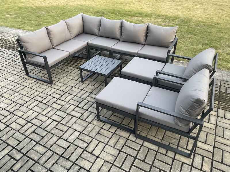 Fimous 10 Seater Outdoor Lounge Corner Sofa Set Aluminum Garden Furniture Sets with Square Coffee Table 2 Chairs 2 Big Footstool Dark Grey
