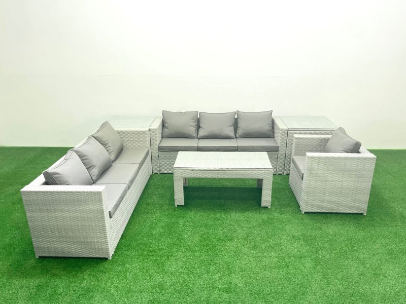 Fimous Wicker PE Rattan Sofa Garden Furniture Set with Oblong Coffee Table Armchair 2 Side Tables Light Grey Mixed