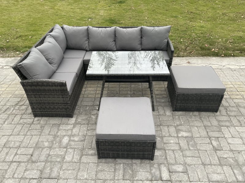 Fimous Rattan Garden Furniture Corner Sofa Set with Oblong Dining Table 2 Big Footstool Outdoor Wicker Rattan Set Dark Grey Mixed