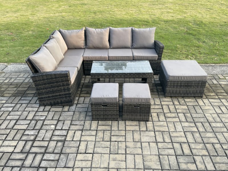 Fimous 9 Seat Rattan Garden Furniture Corner Sofa Set Outdoor Patio Sofa Table Set with 3 Footstools Dark Grey Mixed
