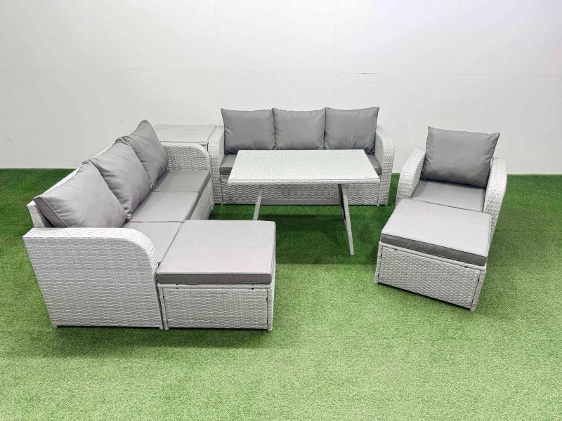 Fimous 7 Pieces Outdoor PE Rattan Garden Furniture with Cushions Reclining Chair Side Table 2 Big Stools Light Grey