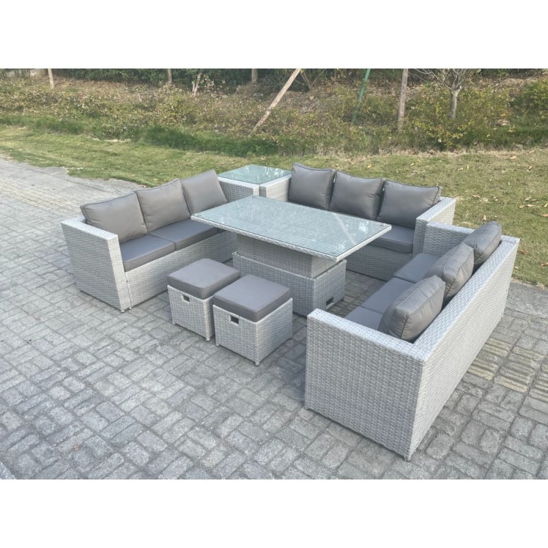 Fimous U Shape Lounge Rattan Garden Furniture Set Adjustable Rising Lifting Table Dining Set With Side Coffee Tea Table Stool