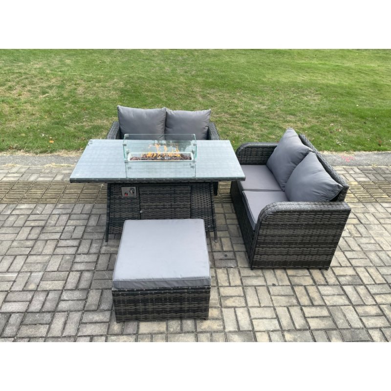 Fimous Rattan Garden Furniture Set with Gas Fire Pit Table Footstool 4 Pieces Outdoor Loveseat Sofa Set Dark Grey Mixed