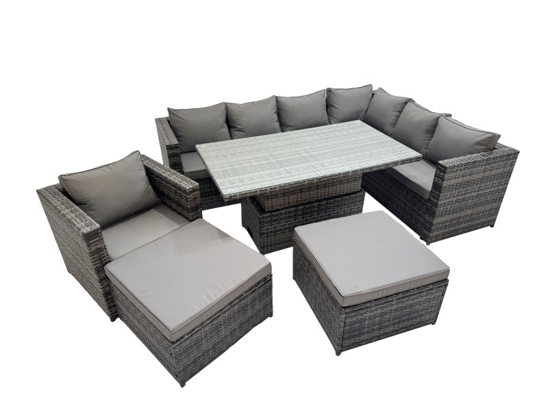 Fimous 9 Seater Rattan Height Adjustable Rising Lifting Table Corner Sofa Sets with Chair 2 Big Stools Dark Grey Mixed