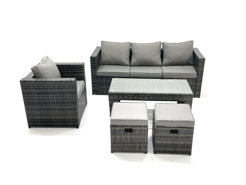 Fimous Rattan Garden Furniture Set Outdoor Lounger Sofa with Coffee Table Armchair 2 Small Footstools Dark Grey Mixed