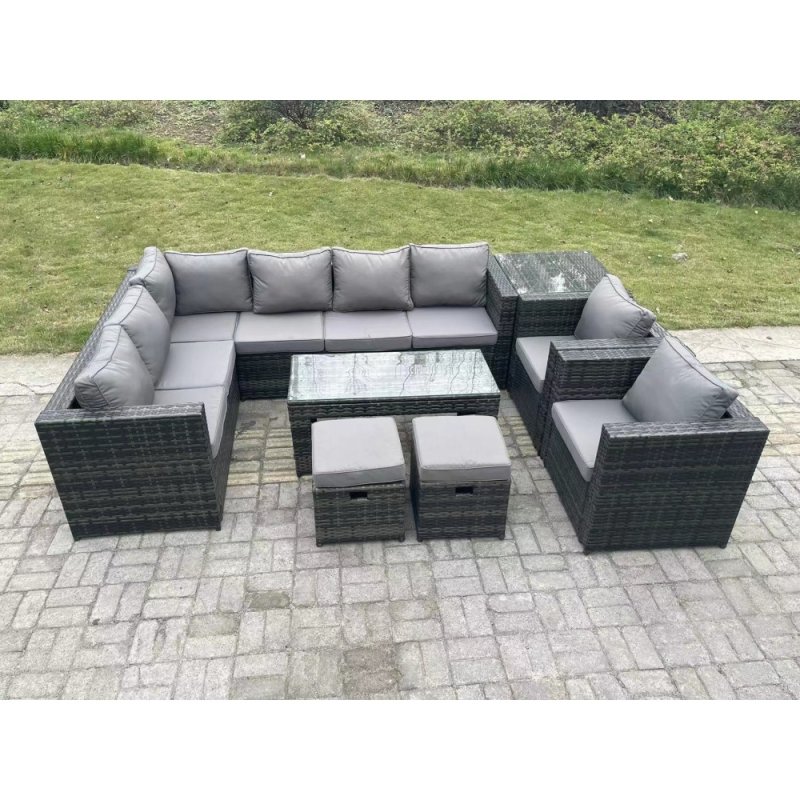 Fimous 10 Seater Rattan Corner Sofa Lounge Sofa Set With Rectangular Coffee Table Side Table 2 Arm Chair and 2 Stools Dark Grey Mixed