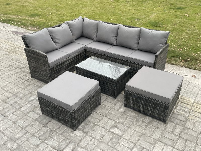 Fimous 8 Seater Rattan Lounge Corner Sofa Set Wicker PE Outdoor Garden Furniture Set with Coffee Table 2 Big Fotstools Dark Grey Mixed