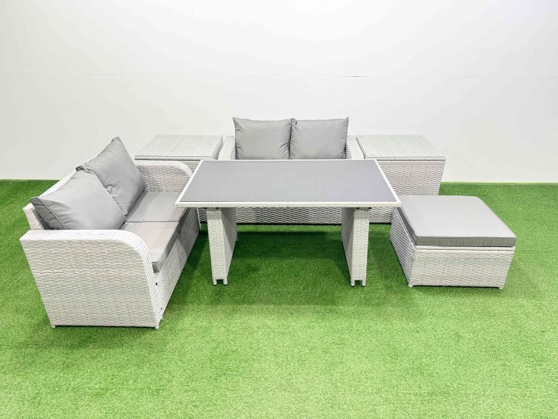 Fimous 6 Pieces Outdoor PE Rattan Sofa Set Patio Garden Furniture Sets with Cushions 2 Side Tables Big Stool Light Grey