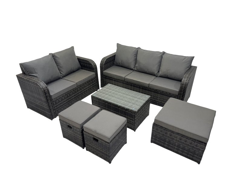 Fimous Outdoor Love Sofa 3 Seater Sofa Coffee Table Set Garden Rattan Furniture Set 8 Seater with 3 Stools Dark Grey