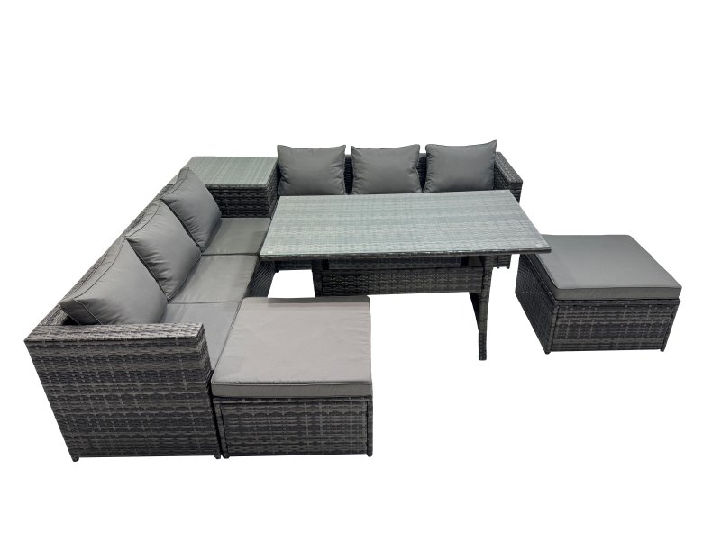 Fimous 8 Seater Outdoor Corner Sofa Dining Table Set Garden Rattan Furniture Set with Side Table 2 Big Stool Dark Grey