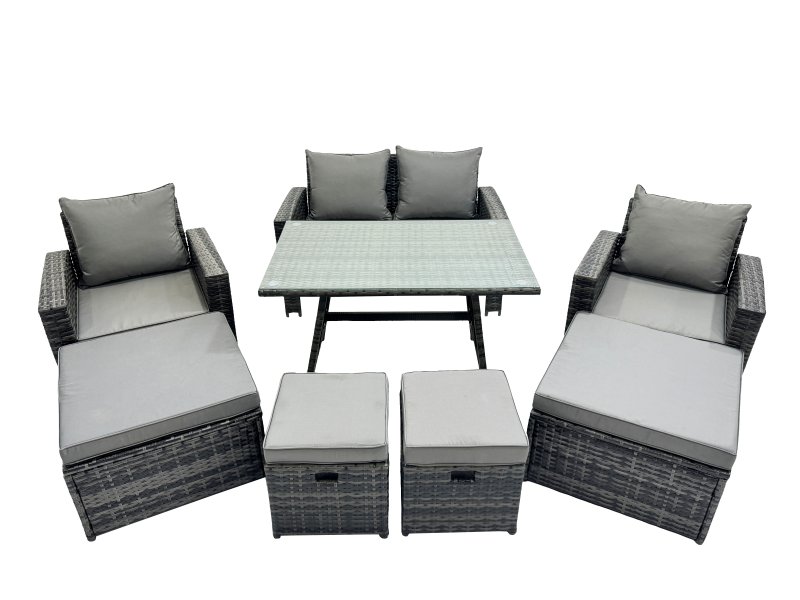 Fimous 8 Seater Wicker PE Rattan Furniture Outdoor Dining Table Double Seat Sofa 4 Stools Set Dark Grey Mixed
