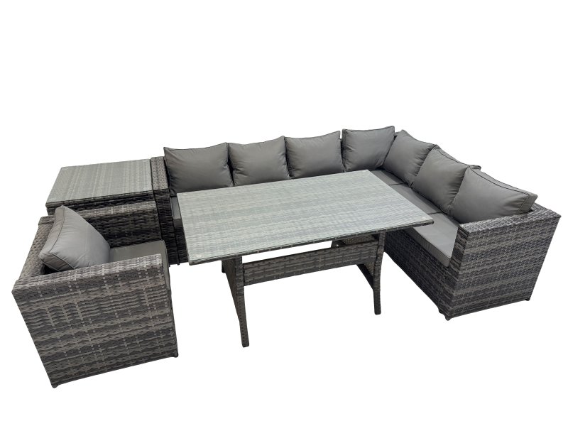 Fimous Rattan Garden Furniture Set Outdoor 7 Seater Patio Dining Corner Sofa Sets with Dining Table Chair Side Table Dark Grey Mixed