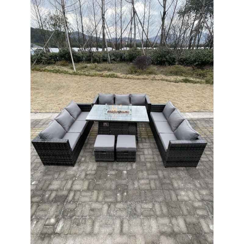 Fimous 11 Seater?Outdoor Lounge Rattan Sofa Set Garden Furniture Gas Firepit Set Dining Table With Stools Dark Grey Mixed