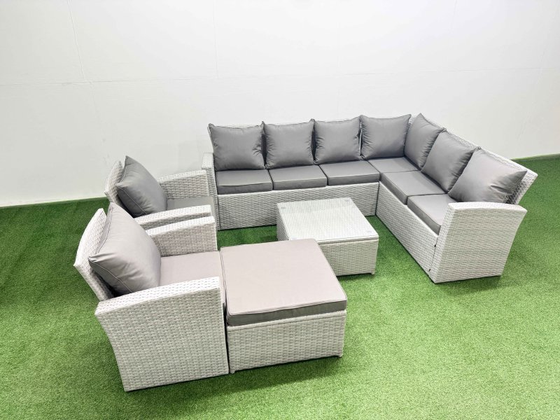 Fimous Rattan Garden Outdoor Furniture Set 9 Seater Rattan Garden Sofa Set with 2 Armchairs Big Footstool Light Grey Mixed