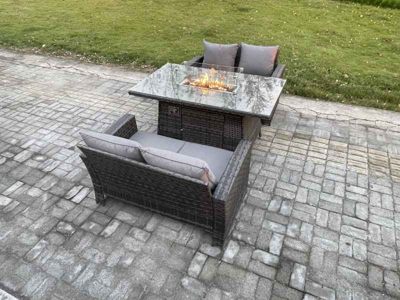 Fimous 3 Pieces Garden Furniture Sets Poly Rattan Outdoor Patio Gas Firepit Dining Table Sofa Set for Garden Backyard Dark Grey Mixed