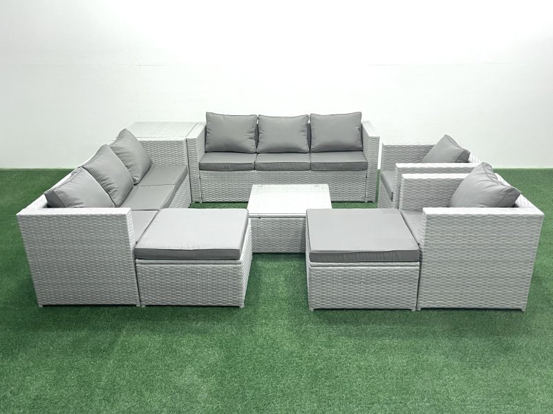 Fimous Outdoor Rattan Sofa Garden Furniture Set with 2 Armchairs Square Coffee Table 2 Big Footstools Side Table Light Grey Mixed