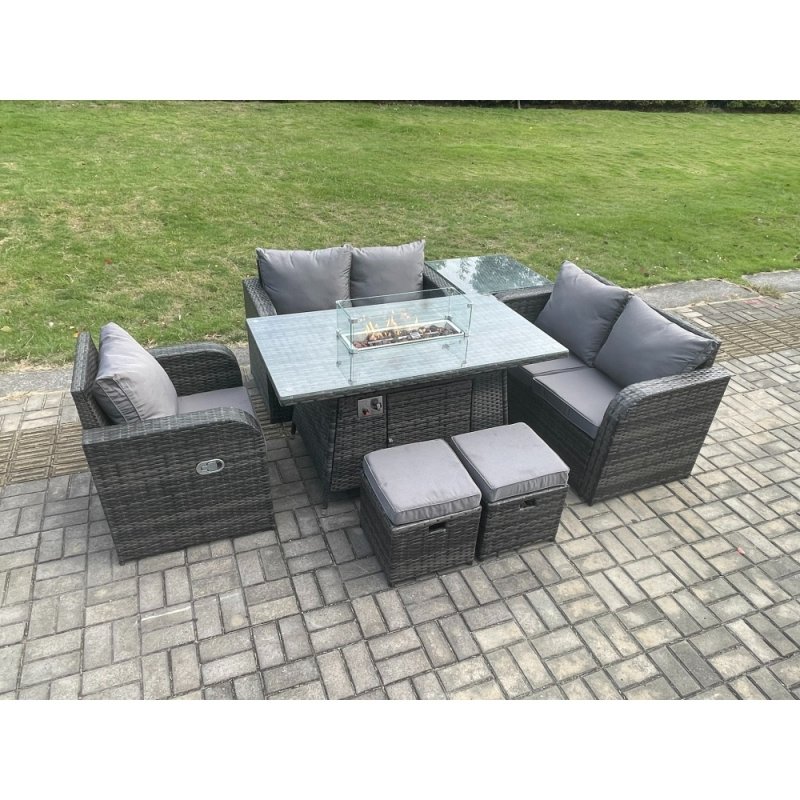 Fimous Rattan Garden Furniture Set with Gas Fire Pit Dining Table,Side Table and 2 Small Footstools Indoor Outdoor 7 piece Loveseat Sofa set
