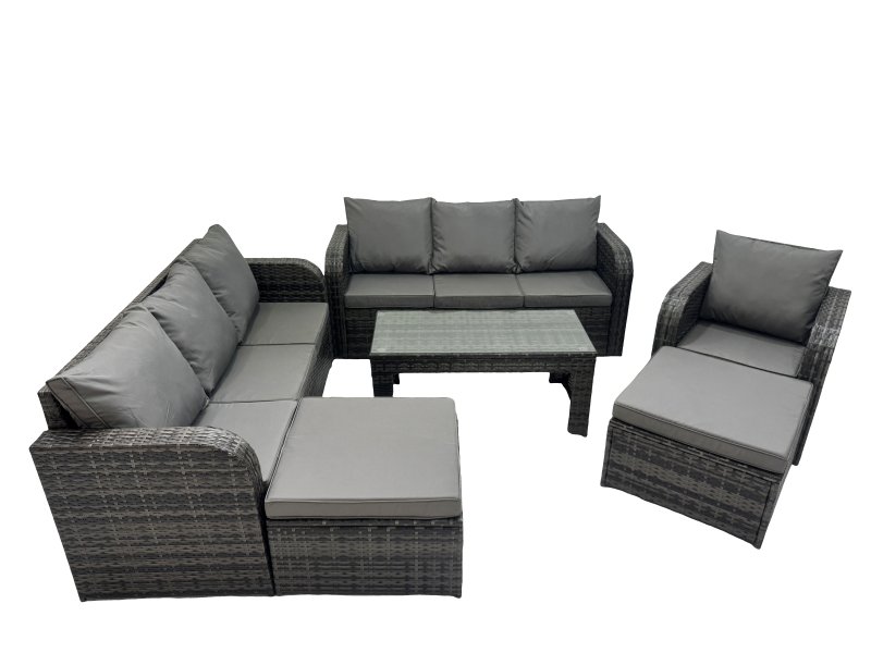 Fimous Rattan Garden Outdoor Furniture Set 3 Seater Sofa Reclining Chair Coffee Table with 2 Big Footstools Dark Grey Mixed