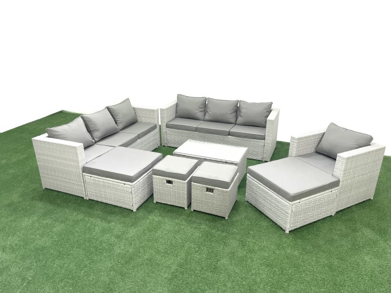 Fimous Rattan Garden Furniture Set 8 Pieces Outdoor Garden Sofa Chair Coffee Table Set with 4 Footstools Light Grey Mixed